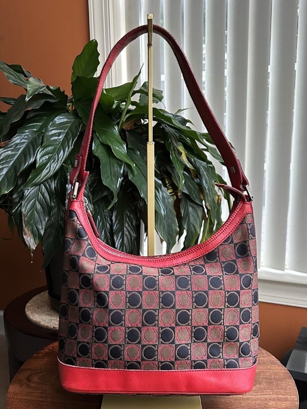 SALVATORE FERRAGAMO Gancini Check Hobo, Red, Tan Black